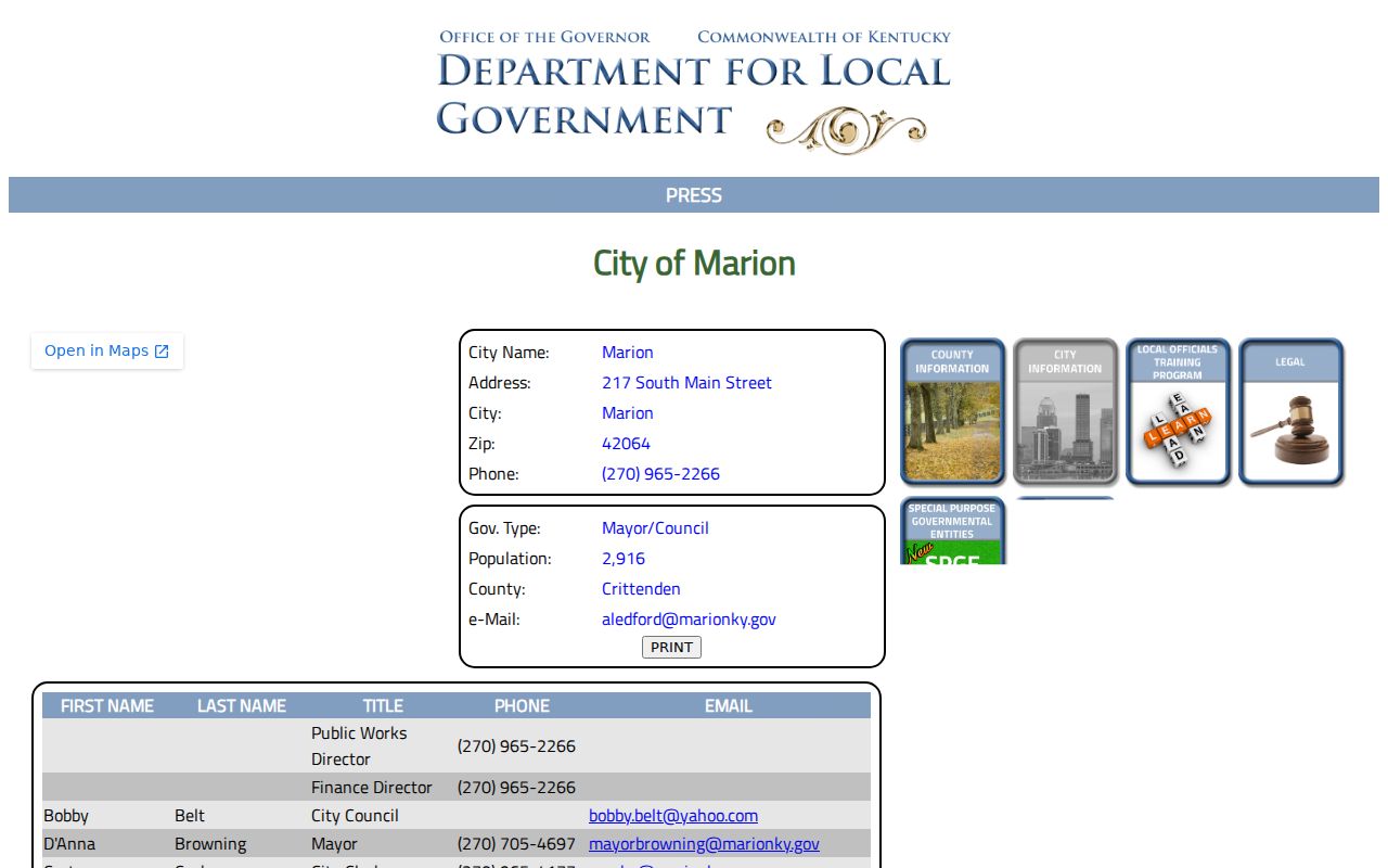 Kentucky state directory profile of Marion officials and police chief